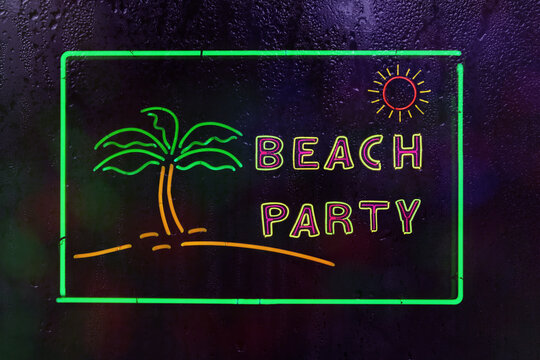 Neon Beach Party Sign in Rainy Window - Powered by Adobe