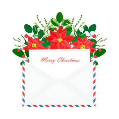 Christmas envelope with a festive letter with poinsettia flowers.