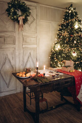 Beautiful New Year's interior, Christmas tree, gifts