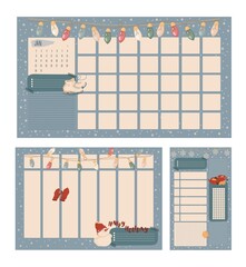 The planner template for a month, week and day in one set. Sheets of paper for printing. Effective planning of winter time. Isolated vector colorful element.