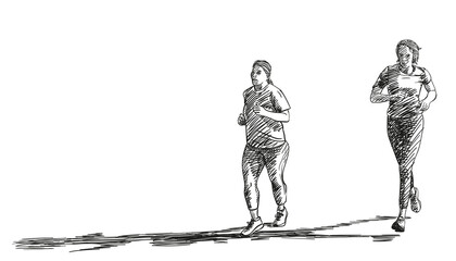 Sketch of running plus size women with long shadow, Hand drawn vector illustration