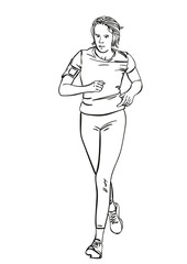 Sketch of running young tall woman, Hand drawn vector linear illustration