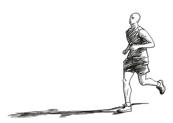 Sketch of running young man with long shadow, Hand drawn vector illustration