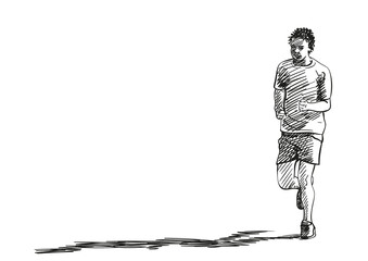 Sketch of running young man with long shadow, Hand drawn vector illustration