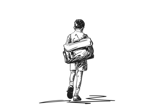 Schoolboy with large retro backpack walking away with his head down vector drawing, Hand drawn illustration on school boy from back, Black and white