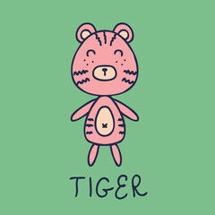 Hand drawn happy tiger with inscription. Perfect for T-shirt, poster, greeting card and print. Doodle vector illustration for decor and design.
