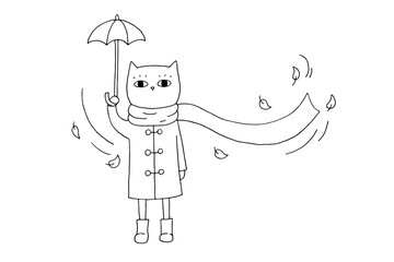Cat in a coat and a scarf under an umbrella. Autumn. Leaf fall. Wind. Hand-drawn illustration. Doodle. Sketch. Silhouette. Black and white. Contour. Coloring.