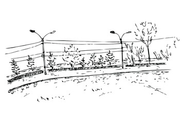 Fototapeta premium Hand drawing sketch of the urban landscape with electric poles. Perfect for T-shirt, poster, textile and prints. Doodle vector illustration for decor and design. 