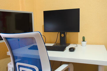 Working at home, preparing the work table with screen, mouse, keyboard, earphones and a cactus,...