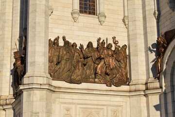 Cathedral of Christ the Savior. Sights of Moscow.  Stucco molding on the building of the Cathedral.