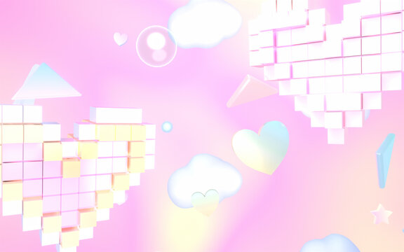 3d rendered voxel hearts, bubbles, and clouds in the pink sky.