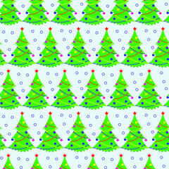 Christmas tree with decorations on a blue background. New Year's seamless pattern for design, packaging, wallpaper, fabric.