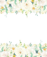 美しい白いバラの花と爽やかなリーフの招待状縦フレームベクターイラスト素材