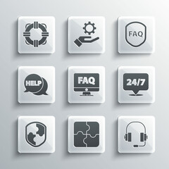 Set Piece of puzzle, Headphones, Clock 24 hours, Computer monitor and FAQ, Shield, Speech bubble with text Help, Lifebuoy and icon. Vector