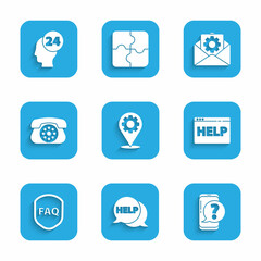 Set Location with gear, Speech bubble text Help, Mobile phone question, Browser help, Shield FAQ, Telephone, Envelope setting and Support operator touch icon. Vector