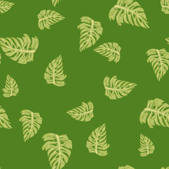 Monstera leaf seamless pattern with hand drawn tropical print. Modern nature background. Vector illustration for seasonal textile .