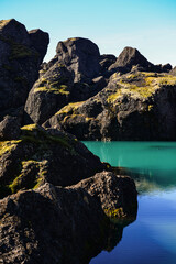 The boulders and emerald glacial ponds of Storurd, East Fjords, Iceland