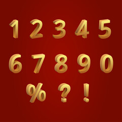 Golden numbers and symbols 3D illustrations set.  From zero to nine, percent symbols. Shopping sale, discount offer decorative design elements. Vector on red background.
