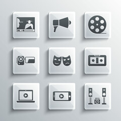 Set Online play video, Home stereo with two speakers, VHS cassette tape, Comedy and tragedy masks, Cinema camera, and Film reel icon. Vector