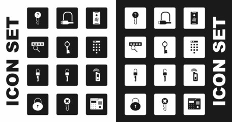Set Mobile with fingerprint scan, Old key, Password protection, Undefined, Bicycle lock, Car remote and Locked icon. Vector