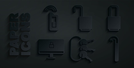 Set Bunch of keys, Lock, on computer monitor, Crowbar, Open padlock and Car with remote icon. Vector