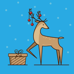 Deer with a gift and a garland in the horns. Christmas deer. Merry Christmas and Happy New Year cards. Dappled reindeer. Winter character. Winter holidays. Christmas. Vector illustration
