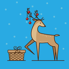 Deer with a gift and a garland in the horns. Christmas deer. Merry Christmas and Happy New Year cards. Dappled reindeer. Winter character. Winter holidays. Christmas. Vector illustration