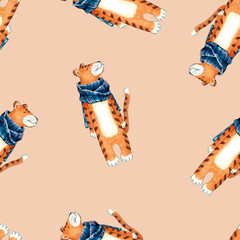 watercolor illustration seamless pattern orange tiger in a blue scarf on white background,for wallpaper or fabric