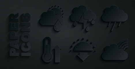 Set Sunset, Cloud with rain, Meteorology thermometer, Rainbow clouds, and lightning and sun icon. Vector