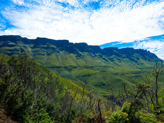 Drakensberg mountains at the border with Lesotho, South Africa. Rural scenery showing the spectacular landscape of South Africa. Tourism and vacations concept.