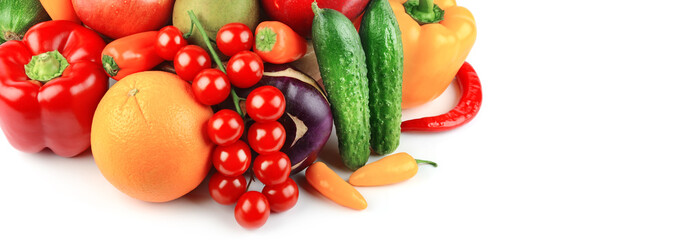Vegetables and fruits isolated on a white background. Wide photo. Free space for text.