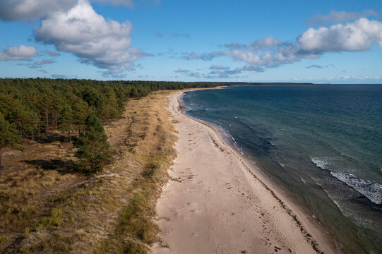 Coastal panorama at Lyckesand beach with ocean on the island of Oland in the east of Sweden from above.