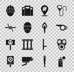 Set Paint spray can, Gas mask, Whistle, Protest, Special forces soldier, Barbed wire, and Torch flame icon. Vector