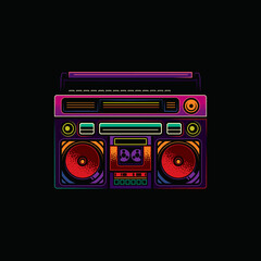 Vintage icons portable stereo cassette recorder in neon style. Original vector illustration.