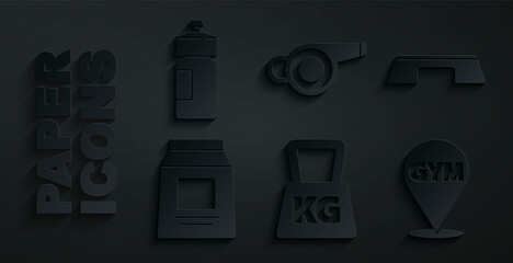 Set Weight, Step platform, Sports nutrition, Location gym, Whistle and Fitness shaker icon. Vector