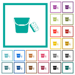 Bucket and sponge flat color icons with quadrant frames