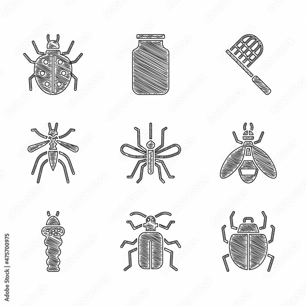 Sticker Set Mosquito, Chafer beetle, Mite, Bee, Larva insect, Butterfly net and icon. Vector