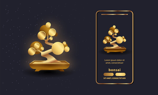 Gold Bonsai Tree And Bonsai Pot Vector Illustration. Abstract Phone App Interface Design With Small Golden Tree Icon. Moyogi Bonsai Style.