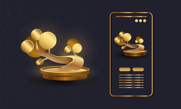 Golden bent Bonsai tree and bonsai pot vector illustration. Abstract phone app interface design with small golden tree icon. Sharimiki Bonsai style.