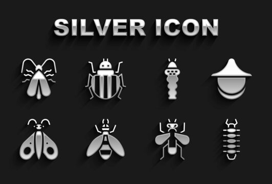 Set Bee, Beekeeper hat, Centipede, Insect fly, Butterfly, Larva insect, Clothes moth and Colorado beetle icon. Vector