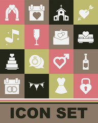 Set Castle in the shape of heart, Champagne bottle, Bedroom, Church building, Glass champagne, Music note, Wedding arch and Greeting card icon. Vector