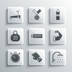 Set Smart watch on hand, Shower head, Bodybuilder muscle, Location gym, Stopwatch, Kettlebell, Treadmill machine and Bottle of water icon. Vector