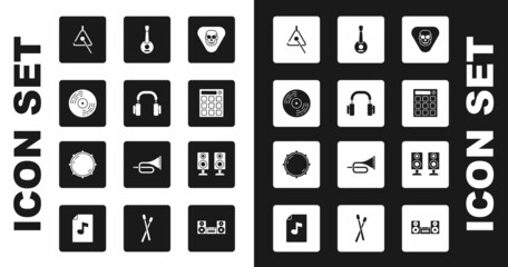 Set Guitar pick, Headphones, Vinyl disk, Triangle, Drum machine, Banjo, Stereo speaker and Dial knob level icon. Vector © Kostiantyn