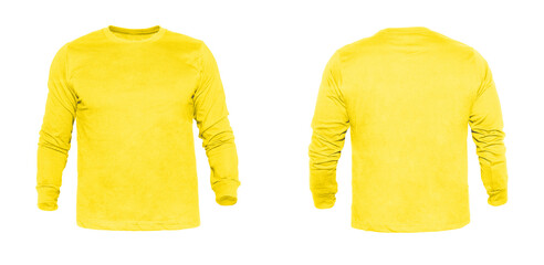 Blank long sleeve T Shirts color yellow on invisible mannequin template front and back view on...
