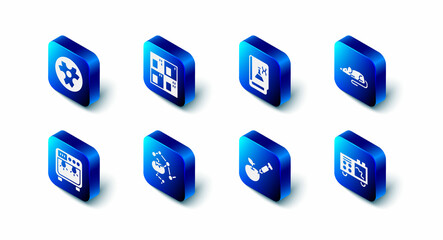 Set Periodic table, Genetic engineering book, Experimental mouse, Spectrometer, Genetically modified apple, food, Biosafety box and Biohazard symbol icon. Vector