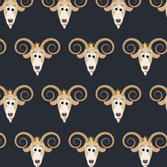 Funny cartoon pattern with Capricorns with crown. Capricorn zodiac sign vector illustration. The cartoon goat's head.