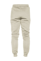 Blank training jogger pants color sand on invisible mannequin template back view on white background
