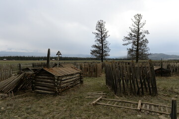 Fototapeta na wymiar The old Siberian cemetery in the Altai village of Kurai Kosh-Agachsky district. Altai Republic