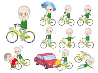 シティサイクルに乗った緑ジャージ白人高齢男性のセット