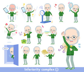 劣等感に関する緑ジャージ白人高齢男性のセット